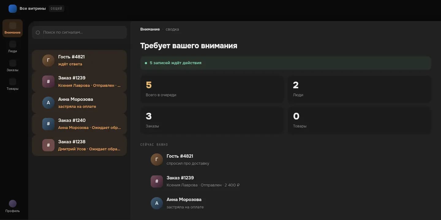 Рабочая очередь активности продавца: линзы, счётчики и карточки покупателей